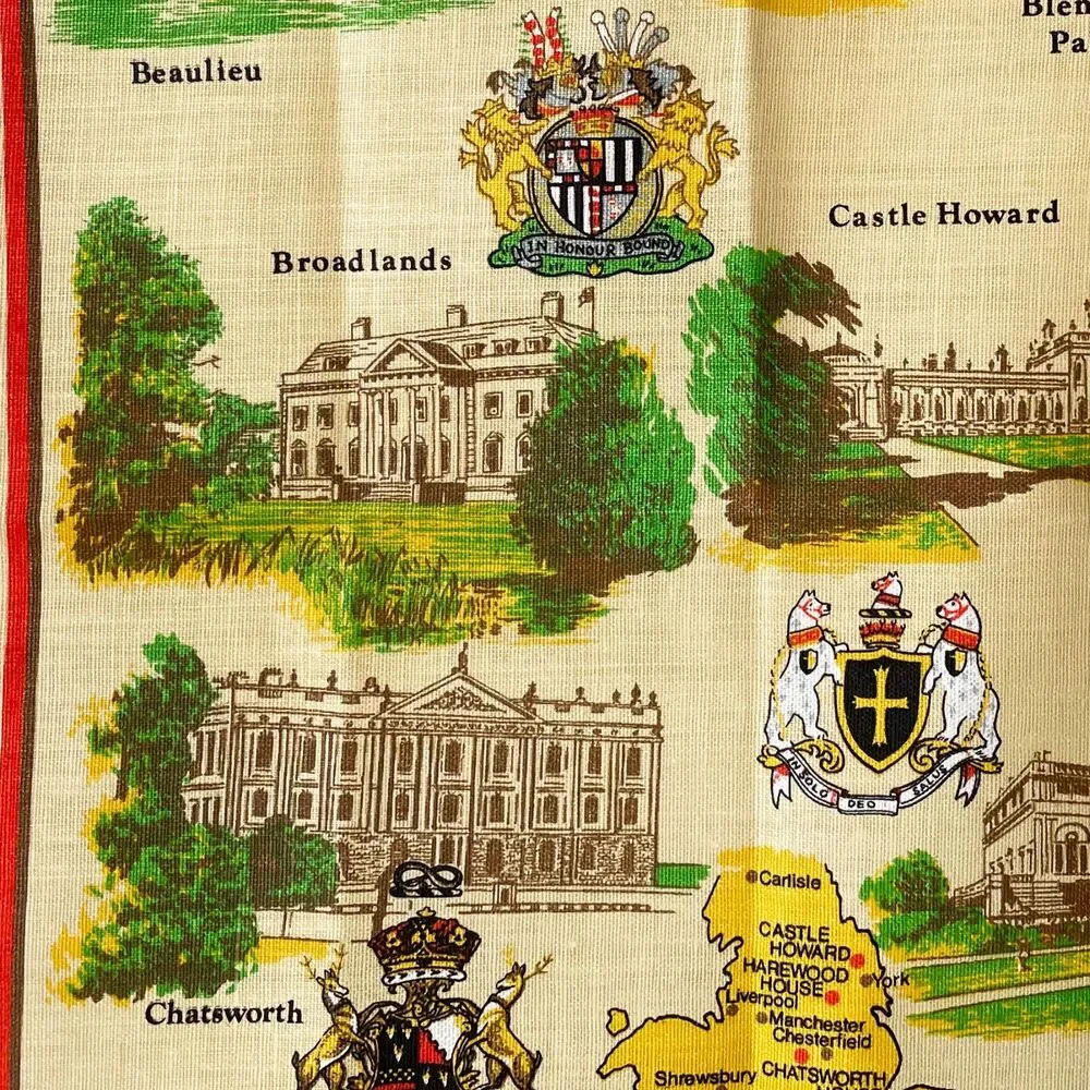 Treasure Houses of England Souvenir Map Linen Tea Towel Wall Hanging by Richlin